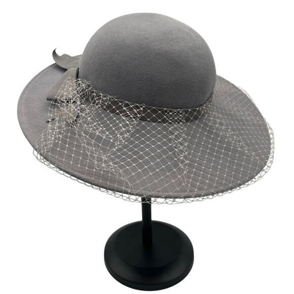 Mr K Originals Vintage Wool Wide Brim Hat S Netted Veil Bow Gray Bollman 21.25\